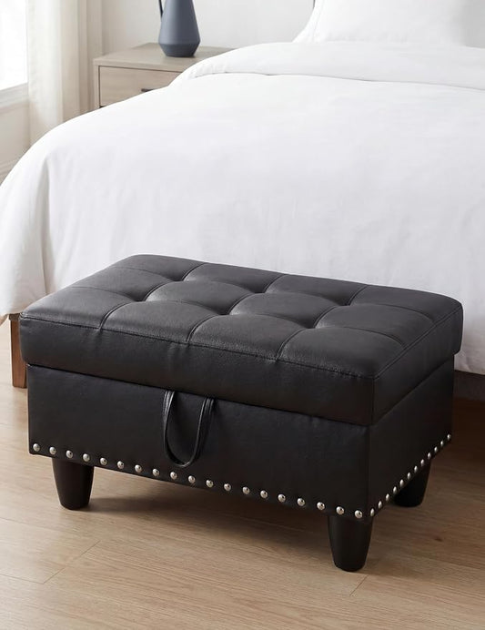 Ottoman with Storage, 28.5 inch Faux Leather Storage Ottoman with Padded Seat, Large Entryway Bench with Solid Wood Frame, Upholstered Sturdy Foot Rest for Living Room, Bedroom, Entryway