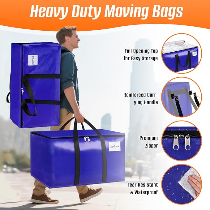 10-Pack Moving Bags with Backpack Straps & Carry Handles, 30 Gallons-125 L Heavy Duty Storage Totes for Space Saving, Foldable Storage Bags for College Dorm, Travel, Camping (Blue)
