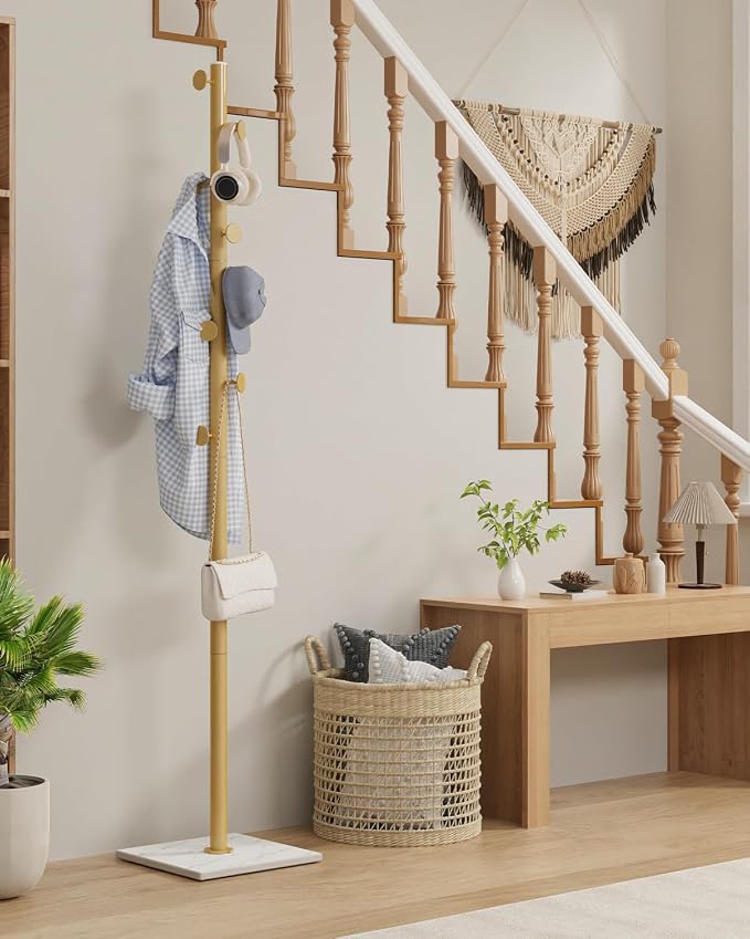 Clothes Rack Freestanding, Coat Stand with 8 Hooks, Gold | Small Garment Rack with Heavy Rock Slab Base, Modern Metal Clothing Rack for Hanging Clothes with 8 Hooks for Bedroom, Office