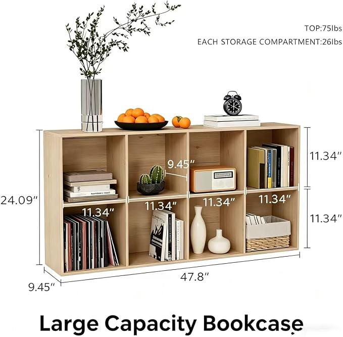 VDNEND Wooden Storage Organizer with Closed Back Panel, 11in Cube Shelf Opening, Bookshelf, Display Shelf,Closet Cabinet for Home and Office (White Oak, 8-Cube 47.8L*9.45W*24.09H)