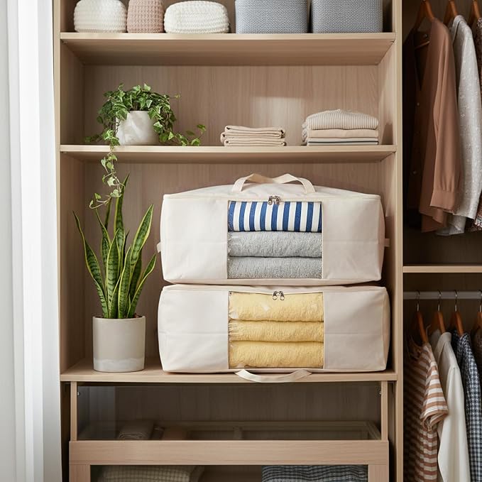 Blanket Storage Bags 70L Canvas Closet Organizers Clothes Container 2 Pack | Canvas Fabric, Reinforced Handles, Foldable Design, for Clothing Comforters Pillows and Toys, Dorm Bedroom and Closet Use