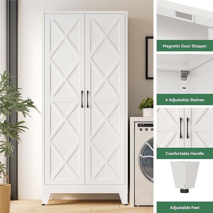 Bevivog 71" Tall Pantry Cabinet Farmhouse, Metal Storage Cabinet with 2 Doors and 4 Adjustable Shelves, Freestanding Tall Food Pantry Cabinet Storage for Kitchen, Home Office, Living Room, Laundry