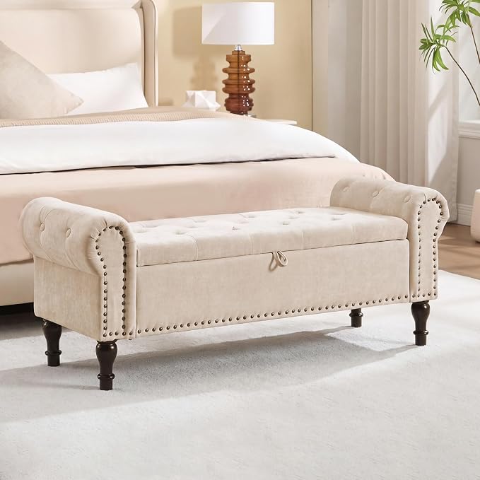 51" Storage Bench for Bedroom, Chenille End of Bed Bench, Queen Size Bench with Rolled Arms, Tufted Storage Ottoman Benches, Upholstered Bench for Bedroom, Living Room, Entryway, Camel