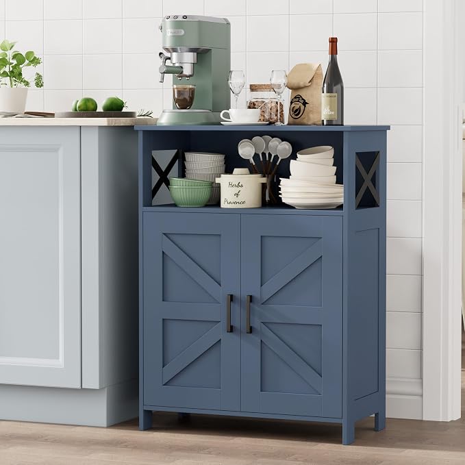 Homhedy Farmhouse Bathroom Storage Cabinet with Doors, Small Floor Cabinet | Toilet Paper Cabinet with Adjustable Shelf, Freestanding Storage Cabinet for Kitchen/Laundry/Living Room, 24"W, Blue