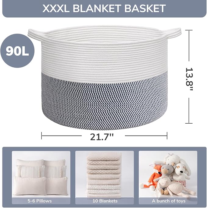 INDRESSME XXXLarge Woven Rope Blanket Basket Living Room Navy, 90L | 21.7" x 13.8" Storage baskets for toys laundry & pillows. Fits living room, bedroom or nursery décor. Soft-touch with handles