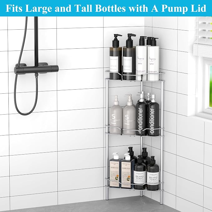 HuggieGems 3 Tier Floor Standing Corner Shower Caddy Organizer Shelf with Hooks, Bathroom Shelves Stand Rack, Silver
