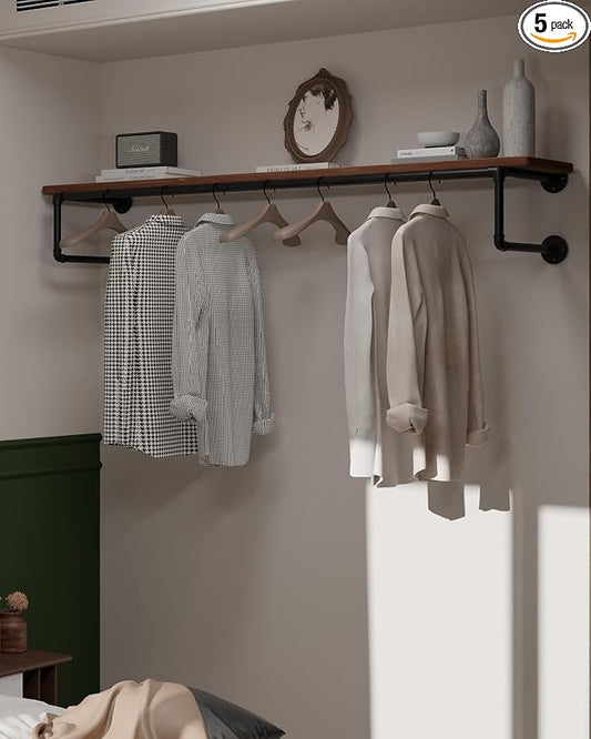 Clothes Rack 60in, Wall Mounted Garment Racks with Real Wood Shelf, Heavy Duty Hanging Clothes Rack, Multi-Purpose Hanging Rod, Space-Saving Closet Storage