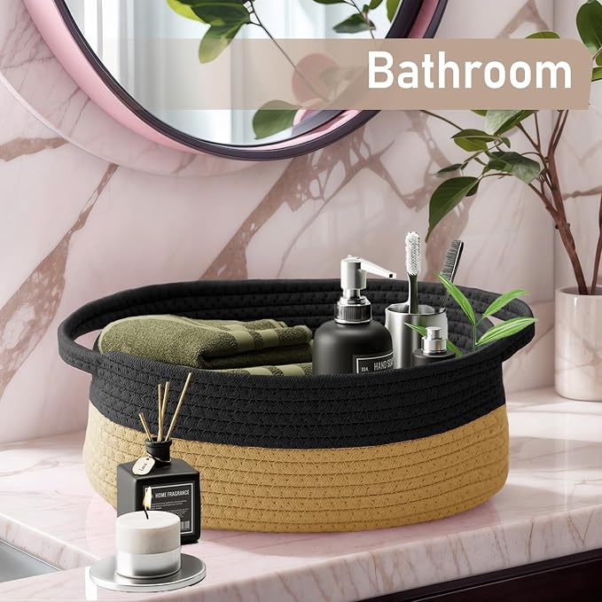 JMvicyroam Small Woven Basket, Empty Gift Basket, Black&Jute/2 Pack | Small Gift Basket, Cotton Rope, 12 x 8 x 82 in, Handles, Includes Ribbon and Bag, Birthday Gift Basket