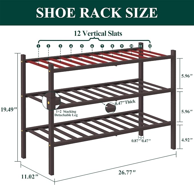 Smiry Bamboo Shoe Rack, 12 Vertical Slats, 3 Tier - 26.8" Wide, Brown | Stackable Free Standing Wooden Shoe Organizer, Wood Shoe Storage Shelf for Closet, Entryway