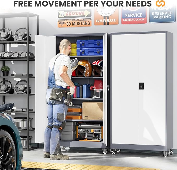 Garage Cabinet with Wheels and Adjustable Shelves, Metal Garage Storage Cabinets with 2 Doors, Storage Caninet with Lock, Large Tool Cabnet for Workshop/Home/Office-(Gray White 75”H)