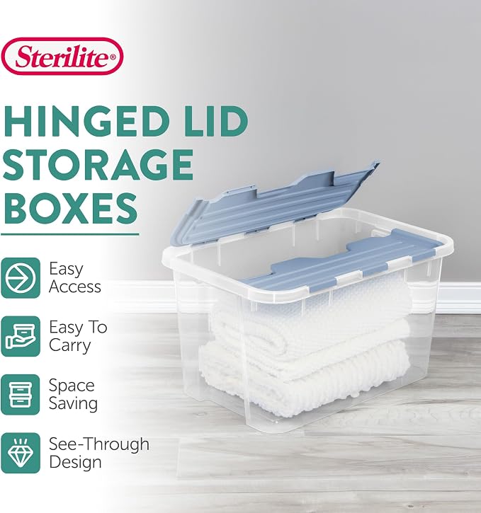 SteriliteHinged Lid Storage Box Plastic Container, 60 Quart, 12 Pack | Washed Blue - Home Organizer Tote for Storing Shoes, Crafts, Clothing, or Decor
