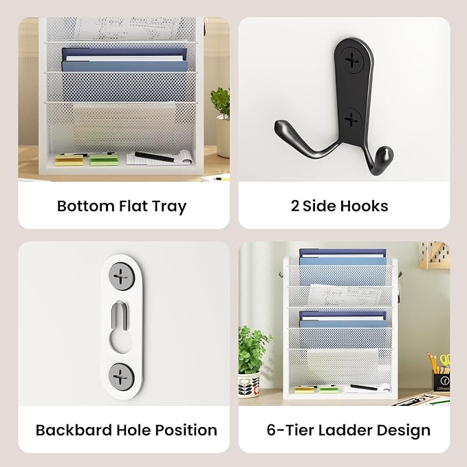 Mail Organizer Wall Mounted, 6-Slot Hanging File Organizer with Key Holder | Mail Sorter, Wood Letter Holder for Envelopes Bills Magazine Folders Papers Accessories for Home Office, White