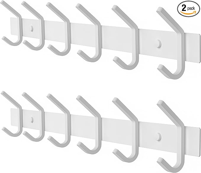 White Coat Rack Wall Mount – 17 Inch Stainless Steel Hook Rail with 6 Heavy Duty Double Coat Hooks – Wall Mounted Coat Hanger for Entryway, Bathroom, Bedroom, Towel, Hat Organizer - 2 Pack