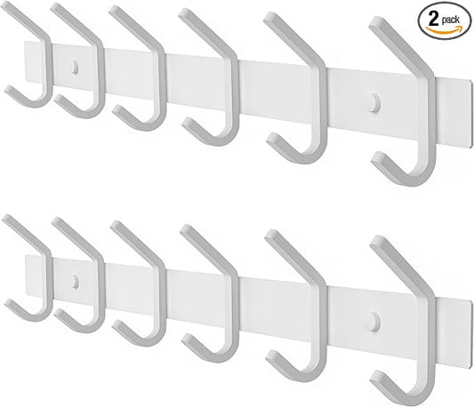 White Coat Rack Wall Mount – 17 Inch Stainless Steel Hook Rail with 6 Heavy Duty Double Coat Hooks – Wall Mounted Coat Hanger for Entryway, Bathroom, Bedroom, Towel, Hat Organizer - 2 Pack