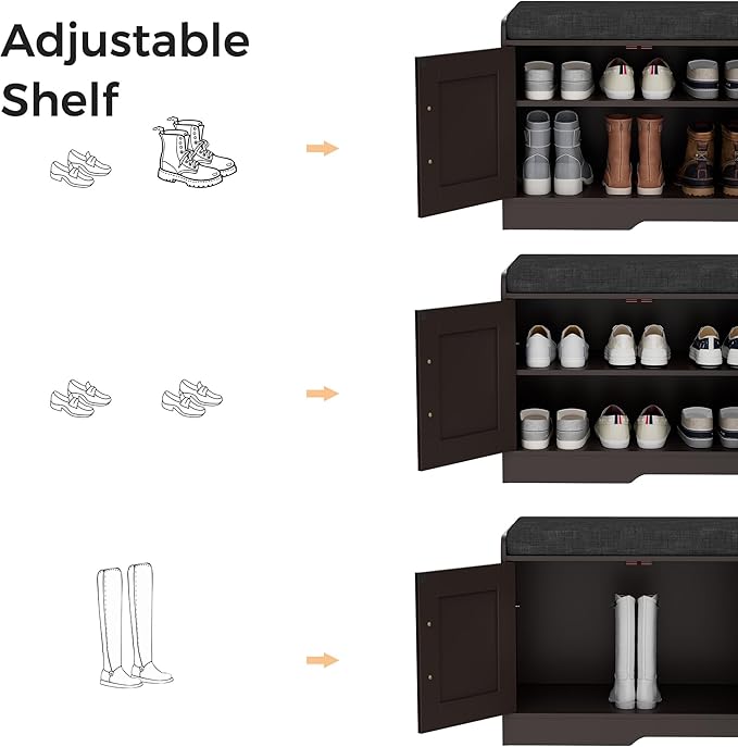 Homleke Shoe Storage Bench, 4 Doors & Thickened Padded Seat Cushion | 2-Tier Shoe Bench, Entryway Bench, Adjustable Shelf, 13.8" D x 45.3" W x 18.5" H, for Living Room, Bedroom, Brown