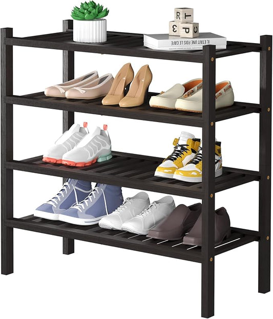 ROMGUAR CRAFT 4 Tier (Thick) Bamboo Shoe Rack for Closet Free Standing Wood Shoe Shelf for Entryway Small Space Stackable 27"x12"x28" (Black Brown)