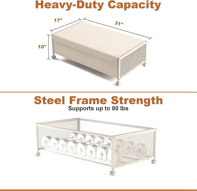 2 Pack Under the Bed Storage Containers,10 inch Height Under Bed Shoe Storage,31inch Long Underbed Storage with Wheels,Large Rolling under bed Clothes Storage Drawers with Lid for Dorm Tall ,Ivory