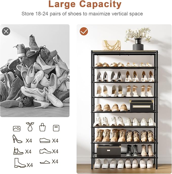 8 Tier Metal Shoe Rack with Wood Top, 24-32 Pairs Gray | 52in tall maximizes vertical space. 2 iron sheets for heels. Remove a layer for tall boots. Versatile for home.