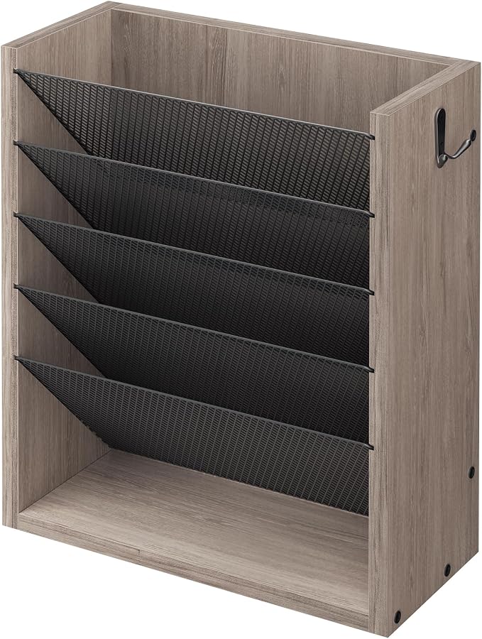 Mail Organizer Wall Mounted, 6-Slot Hanging File Organizer with Key Holder | Mail Sorter, Wood Letter Holder for Envelopes Bills Magazine Folders Papers Accessories for Home Office, Greige