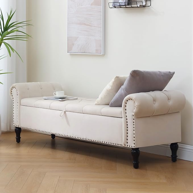 Storage Bed Bench for Bedroom, Velvet 67" End of Bed Benches, King Size Bench with Armrest, Tufted Button Upholstered Ottoman Bench for Living Room, Entryway, Cream White