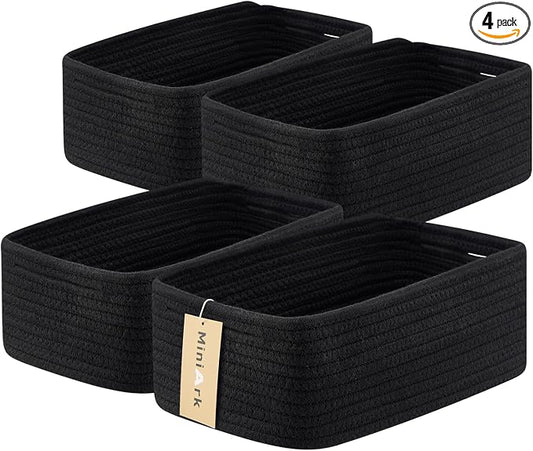 MiniArk Small Storage Baskets for Organizing | Closet Organizer Bins | Shelf Toy Basket | Woven Rope Baskets | Cube Decorative Box | Shallow Basket | 13x8.5x5.1” | 4 Packs Black