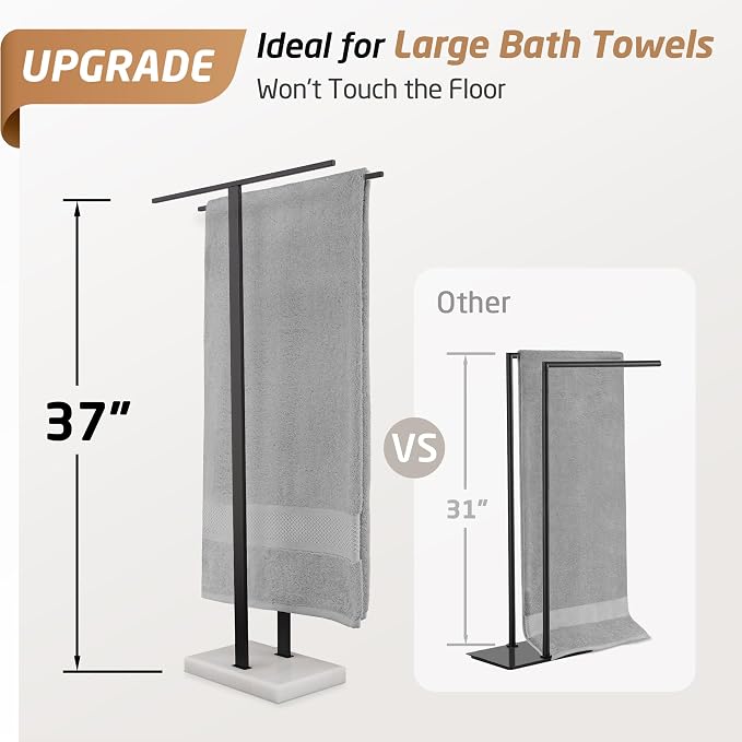 KES Standing Towel Rack, 37", Marble Base, 304 Stainless Steel, Matte Black | Equal-Height, Fits Large Bath Towels, 8.23 Lbs Weighted Marble Base, T-Shaped 18/8 Stainless Steel Rust Resistant, Bathroom