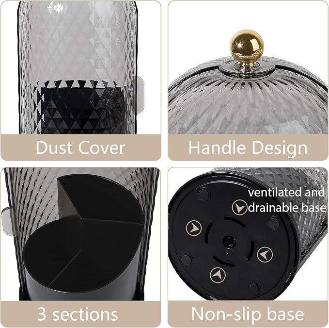 Toothbrush Holder with Cover for Bathroom Countertop, Organizer, Black | Rotating 3 Slot Holder for Electric Toothbrushes, Toothpaste, Self Draining Vanity Organizer, Makeup Brush Storage