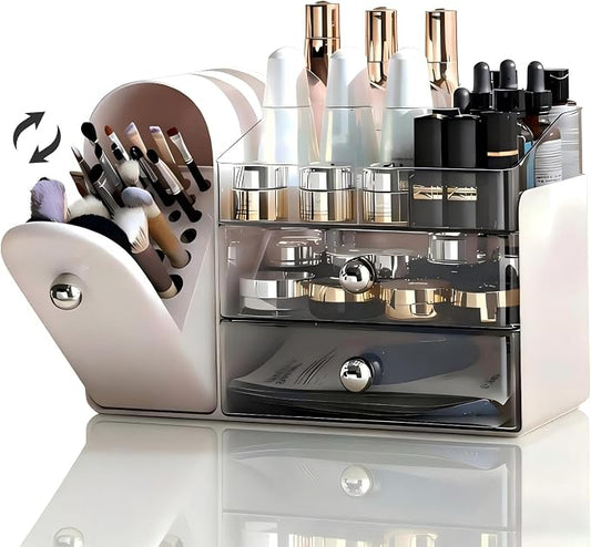 Makeup Organizer for Vanity with Brush Holder,Skincare Organizer | Large Makeup Storage,Bathroom Counter Organizer,Waterproof,Dustproof,Vanity Organizer Countertop,Durable,Easy-Clean,White