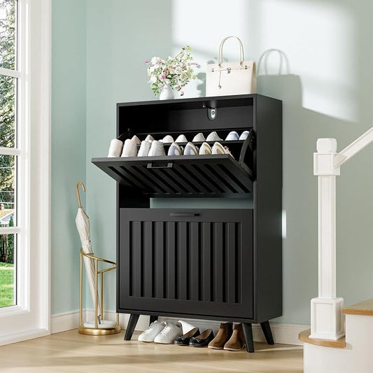 Shoe Storage Cabinet with 2 Flip Drawers, Modern Freestanding Organizer with Adjustable Shelf, Narrow Shoe Rack Cabinet for Entryway, Black