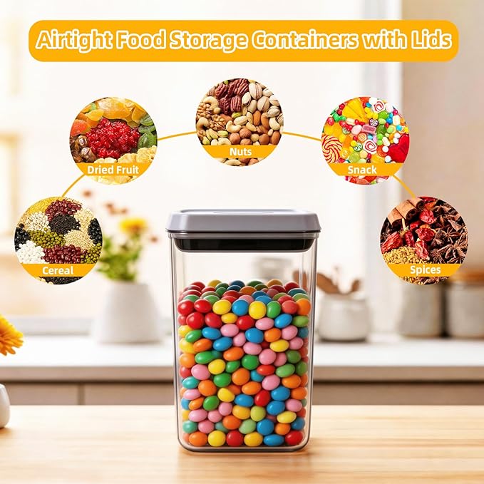 Pop Push Button Airtight Food Storage Containers 12 Pack | 4 Sizes: 0.65/0.7/1.8/2.4Qt, BPA-Free Clear Canisters for Pantry, Pasta, Cereal, Snacks, Coffee, Pet Food, Fridge