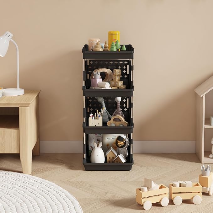 Lifewit 4 Tier Plastic Stackable Storage Baskets for Clothes 1 Pack, Black | Stacking Bins for Food, Multifunctional Organizer for RV, Kitchen, Playroom, Pantry and Bathroom