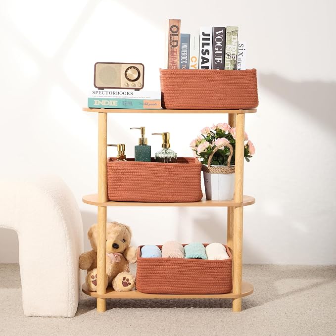 MiniArk Small Storage Baskets for Organizing | Closet Organizer Bins | Shelf Toy Basket | Woven Rope Baskets | Cube Decorative Box | Shallow Basket | 13x8.5x5.1” | 3 Packs Oxide Red