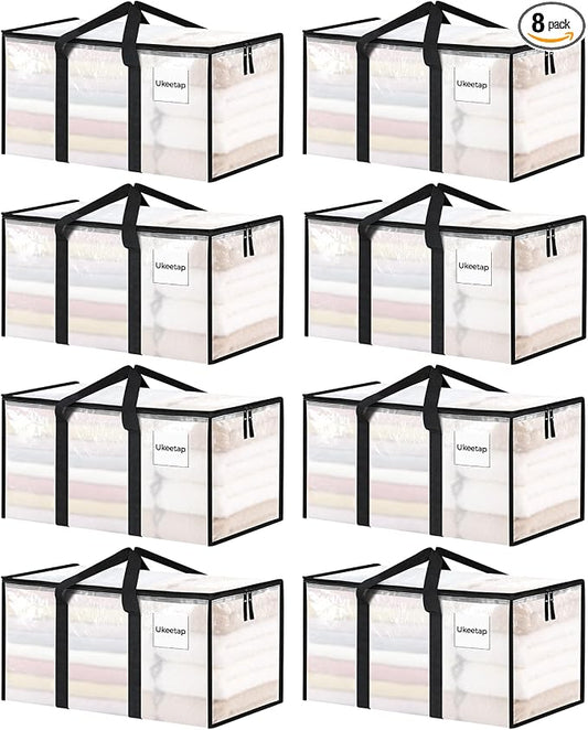 8 Pack Extra Large Clothes Storage Bins with Lids, Storage Bags with Reinforced Handles & Heavy-Duty Zippers, Moving Bags, Moving Boxes Totes for Clothes Packing, Dorms, College Supplies, Clear