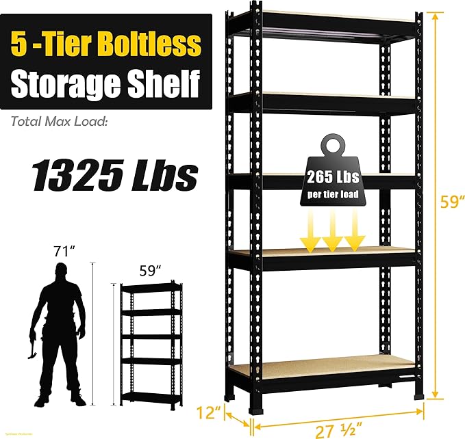 PrimeZone 5-Tier Garage Storage Shelves, Adjustable Metal Shelving, Black | Heavy-Duty Metal Frame & Connectors, FSC MDF Boards, Space-Saving Storage for Garage, Pantry, Closet, 28"W x 12"D x 59"H 2PCS