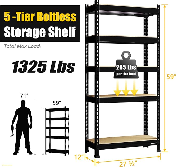 PrimeZone 5 Tier Garage Shelves for Storage, Adjustable Metal Shelf, Black | Heavy Duty Metal Connectors, FSC Wood Board, Easy Assembly, Standing Rack for Warehouse, Basement, 27.5"W X 12"D X 59 H