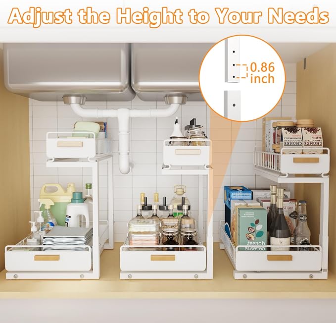 Under Sink Organizer 1 Pack Pull Out Cabinet Organizer with Ball Bearing Sliding Drawer 2 Tier Adjustable Storage Rack Heavy Duty for Kitchen Bathroom White