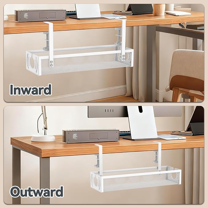 Cable Management, 15'' Under Desk Cable Management Tray No Drill | Metal Cable Organizer with Clamp for Wire Management, Cord Organizer for Home Office, Desk Accessories Organizer, White