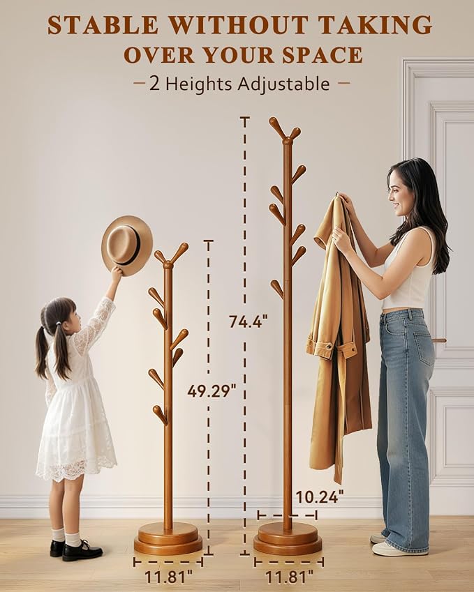 STARSAGA Solid Wood Coat Rack Freestanding Coat Tree with 8 Hooks | Adjustable Height Heavy Duty Coat Rack with Rounded Hooks & Dual-Layer Base, Holds Coats Hats Bags for Entryway, Bedroom
