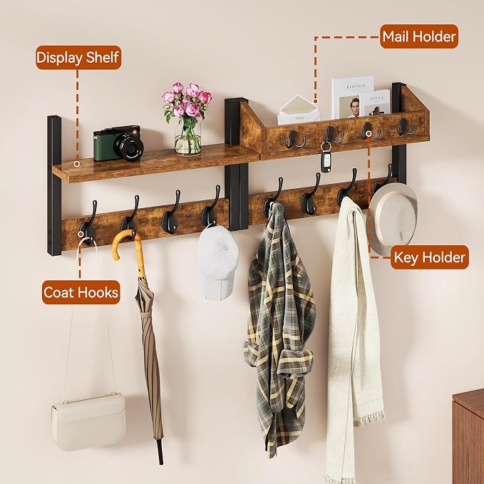 31.5" Coat and Key Rack Wall Mount with Shelf, Rustic Brown, HWS007H-2 | 4-in-1 Coat and Key Hanger with 12 Metal Hooks, Entryway Wall Shelf with Hooks & Mail Holder for Living Room, Bedroom