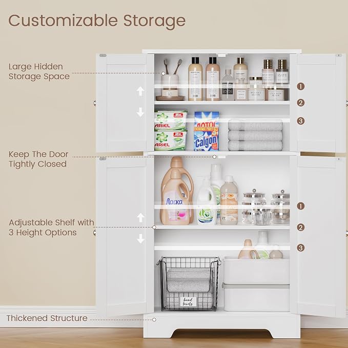 Bathroom Floor Storage Cabinet, Freestanding Bathroom Storage Unit with 2 Adjustable Shelves & 4 Doors, White