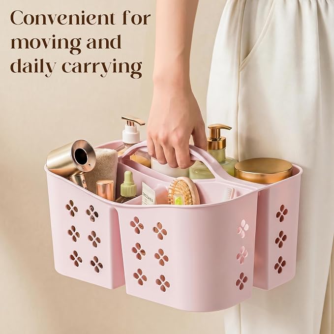 Portable Shower Caddy with Handle, Large Capacity Shower Basket Organizer, Quick-Drain Bathroom Storage Tote, Durable Plastic Shower Organizer for College Dorm, Beach, Gym, Travel Essentials, Pink