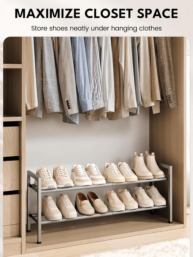 Bumusty 2 Tier Expandable Shoe Rack for Closet, Light Grey | 18"-33" Adjustable Shoe Rack for Entryway, Small Shoe Organizer for Dorm, Front Door, Sturdy Metal