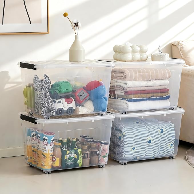 Citylife 82 Quart Large Clear Plastic Storage Bins with Lids 4-Pack | Stackable, Secure latching lids, Easy Find, Clothes Storage Bins for Closet Bedroom Garage