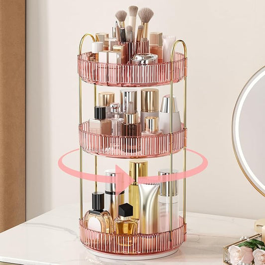 360° Rotating Makeup Organizer, Upgraded 3 Tier Skincare Perfume Organizers for Women, Bathroom Organizer Countertop, Clear Cosmetic Dresser Organizer with Makeup Brush Holder Counter(Clear Pink)