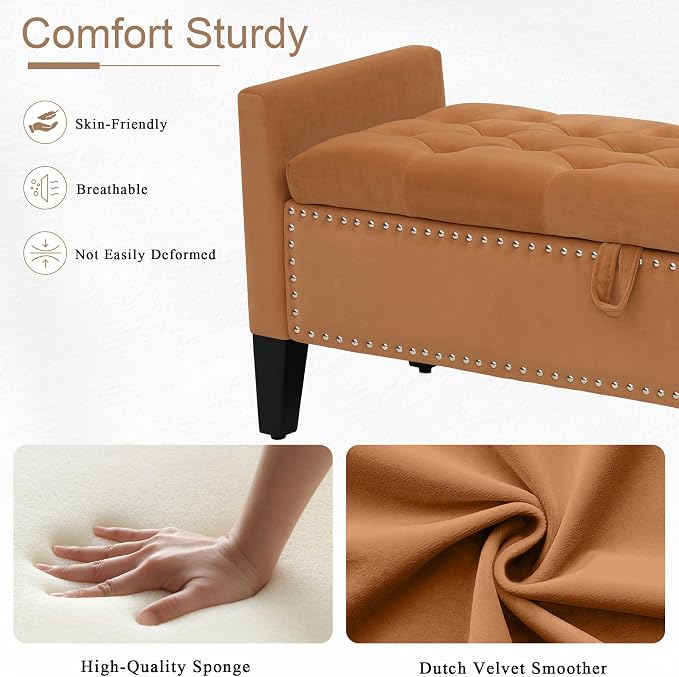 Velvet Ottoman with Storage, 46'' Upholstered Button Tufted End of Bed Bench with Arms, Modern Storage Bench for Living Room, Bedroom, Entryway, Orange