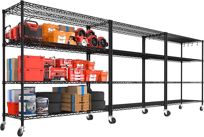 PrimeZone 4 Tier 55.5"W x 24"D x 80"H Heavy-Duty Wire Shelving with Wheels | Tote Storage Rack, Adjustable Shelves, 2400 LBS Capacity, 4" Rolling Casters, 25.4mm Steel Tube for Warehouse, Basement, 3PCS