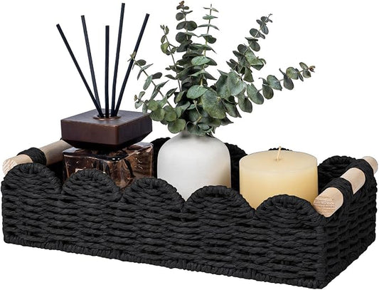 CubesLand Toilet Paper Storage Basket Organizer, Small Wicker Decor Basket | Toilet Tank Top Decorative Basket for Countertop, Handwoven Scalloped Basket W/Handle for Home Decor Living Room, Black