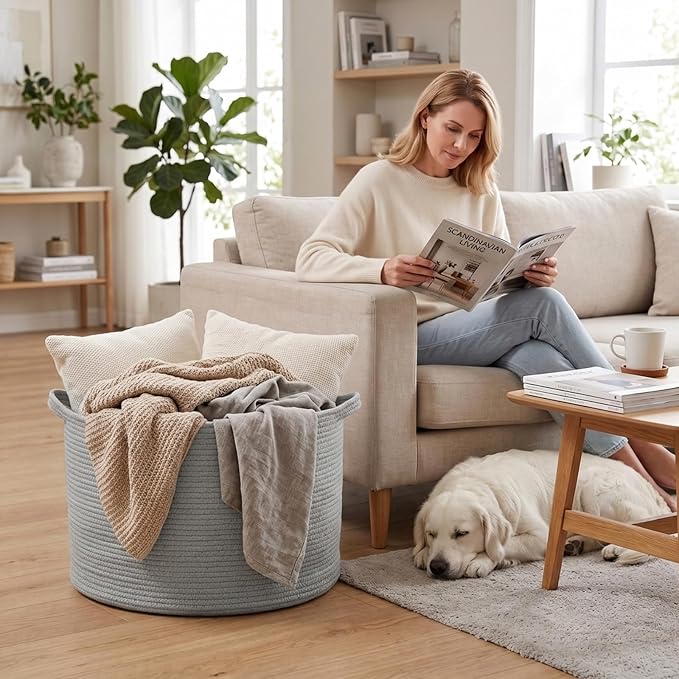 90L Extra Large Blanket Basket,Woven Rope Laundry Basket-Light Grey | Collapsible, reinforced handles, nursery storage bin organizes clothes, toys and pillows for living room, bedroom bathroom