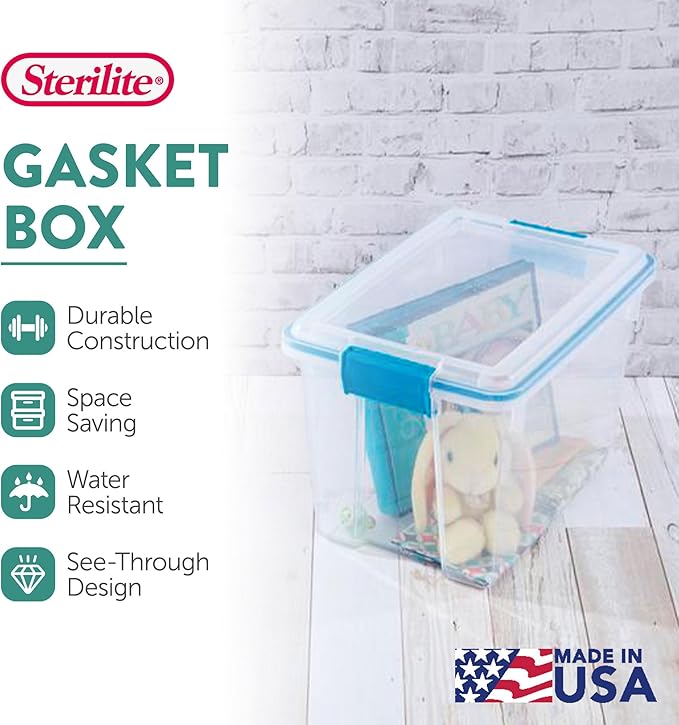 Sterilite Gasket Storage Box with Lids for Home & Office, 20 Quart, 18-Pack | Heavy-Duty, Stackable, and Organizing Containers for Bathroom, Cabinet, Closet, and Garage, Clear and Blue Aquarium Latches