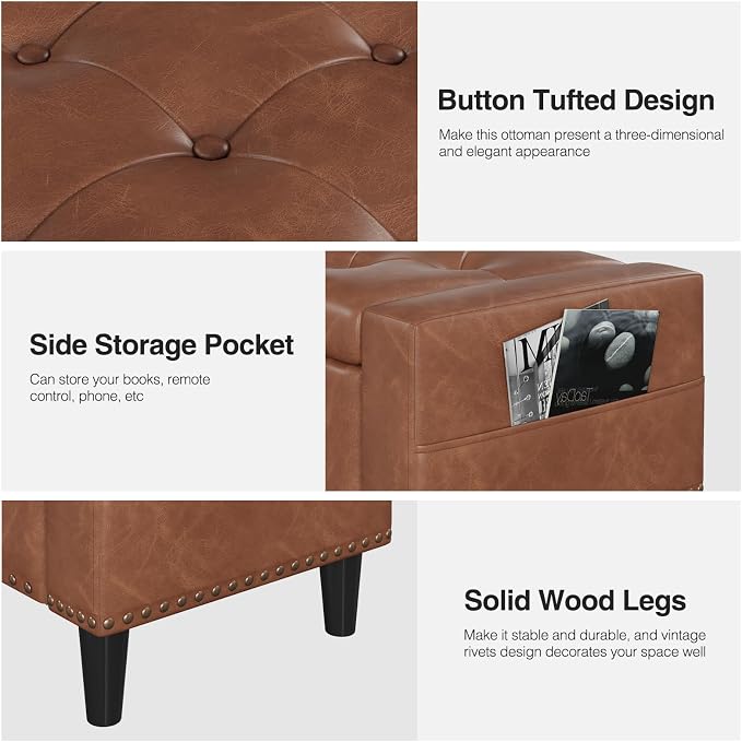 60" Storage Ottoman Bench, Faux Leather Upholstered Bed Bench with Tufted Buttons and Nailhead Trim, Large Ottoman with Storage for King Size End of Bed, Bedroom, Entryway, Hallway (brown)